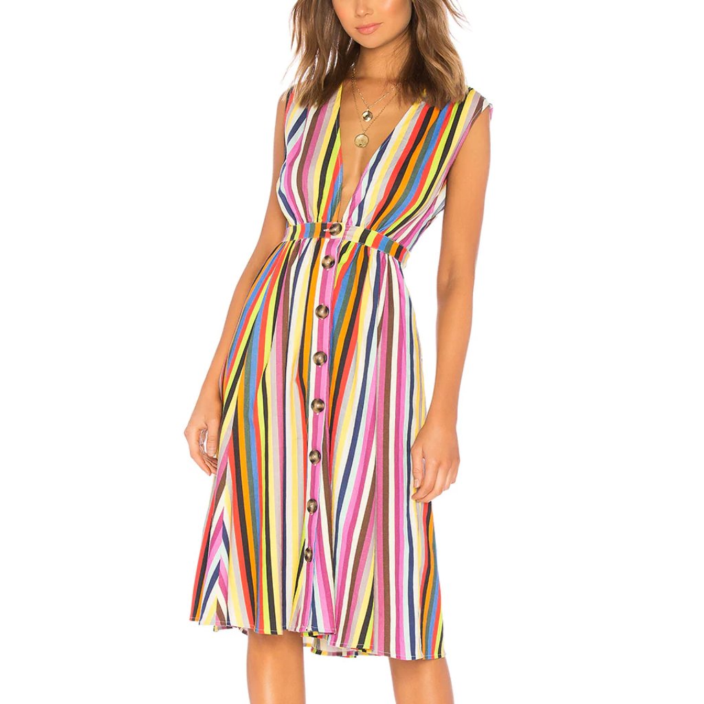Lpa Shirred Button Up Dress - Rainbow Stripe